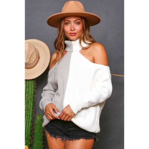 Fantastic Fawn Color Block Cold Shoulder Turtleneck Sweater - Picture 3 of 7